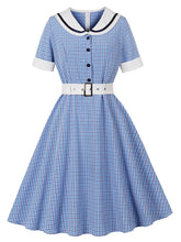 Load image into Gallery viewer, 1950s Blue Plaid Vintage Sailor Collar Short Sleeve Swing Dress