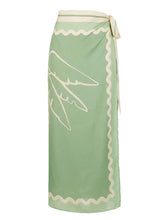 Load image into Gallery viewer, 2PS Sage Green Floral One-Piece Swimsuit Wave Trim Sarong Wrap Skirt Set