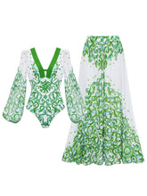 Load image into Gallery viewer, 2PS Green Long Sleeve Baroque Swimsuit with Maxi Skirt Set