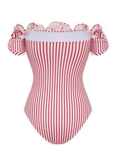 Load image into Gallery viewer, Barbiecore Pink and White Vertical Striped Strap Flowers One-Piece Swimsuit with Bathing Suit Skirt
