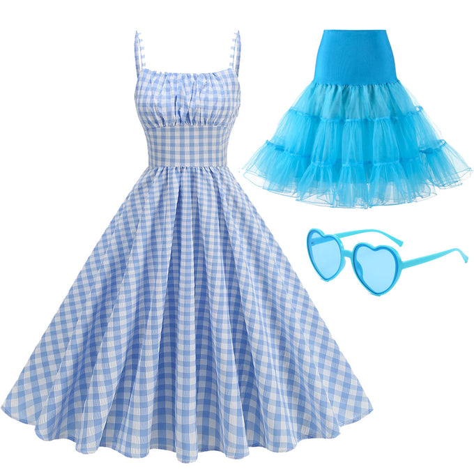 Blue And White Plaid Strap Classis Style 1950S Vintage Dress Set