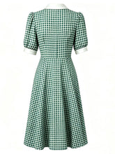 Load image into Gallery viewer, 1940s Vintage Green Gingham Puff Sleeve Swing Dress - Retro Cottagecore Picnic Midi Dress