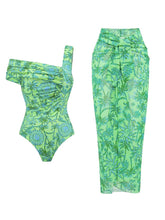 Load image into Gallery viewer, 2PS Green One Shoulder Ruched Tropical Swimsuit with Skirt Set