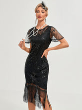 Load image into Gallery viewer, Women's 1920s Flapper Dress with Flutter Sleeves Emerald Green Gatsby Costume Sequin Fringe Dress