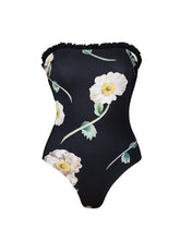 Load image into Gallery viewer, Black Vintage Floral Print Bandeau One-Piece Swimsuit