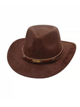 Load image into Gallery viewer, Western Cowboy Hat for Women – Faux Suede Fedora Hat with Braided Band and Gold Feather Accent, Tan Brown Outback Style Jazz Cap