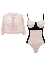 Load image into Gallery viewer, 2PS Pink Retro Tweed One Piece Swimsuit with Cropped Jacket Set
