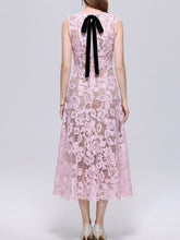 Load image into Gallery viewer, Baby Blue Floral Sheer Lace Sleeveless Cutout A-Line Midi Dress