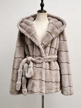 Load image into Gallery viewer, 1980s Vintage Charcoal Grey Hooded Faux Mink Fur Coat - Retro Tiered Belted Jacket