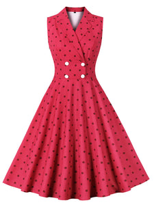 Red Polka Dots V Neck 1950S Vintage Swing Dress With Button