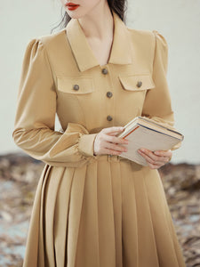 Khaki 1950S Windbreaker Dress With Gold Buttons