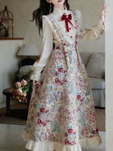 Load image into Gallery viewer, 2PS Victorian White Blouse with Floral Embroidered Jumper Skirt  Vintage Set
