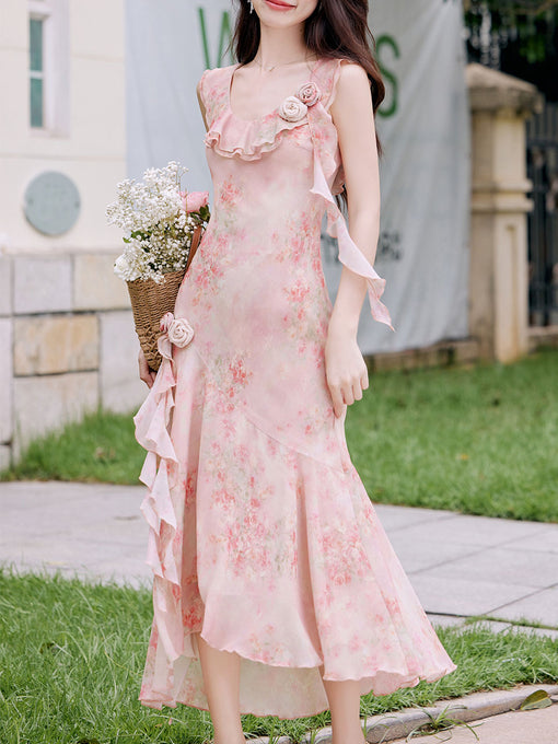 Pink Rose Round Neck Ruffle Vintage Fairy Bodycon Dress