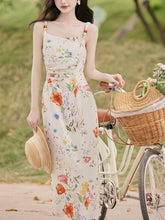 Load image into Gallery viewer, 2PS White Floral Print Spaghetti Strap Dress With Orange Shawl Dress Suit