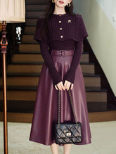 Load image into Gallery viewer, 3PS Purple Knitted Sweater And Cape With Purple PU Swing Skirt Set