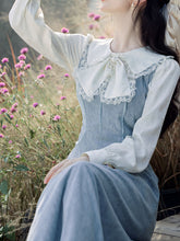 Load image into Gallery viewer, 2PS Corduroy Suspender 1950S Dress With White Vintage Bow Shirt