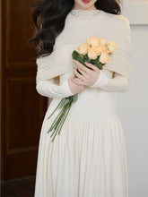 Load image into Gallery viewer, White Two-Piece Set Pearl Beaded Long Sleeve Dress with Cable Knit Cape