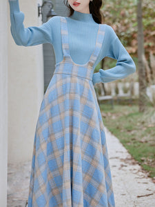 2PS Blue Sweater With Vinatge Blue Plaid Suspender 1950S Dress