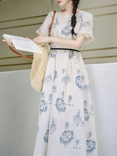 Load image into Gallery viewer, Retro Blue and White Porcelain Style Ballerina Graphic Dress Elegant Lace Flare Midi Dress for Picnic Vacation
