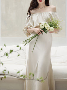 2PS White Off The Shoulder Blouse And Fishtail Swing Skirt Suits