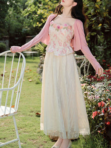 2PS Pink Rose Spaghetti Strap 1950S Swing Victoria's Fairy Dress With Pink Cardigan