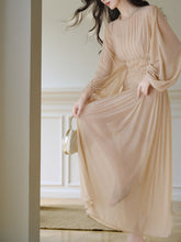Load image into Gallery viewer, Nude Puff Long Sleeve Pleated Vintage Maxi Dress