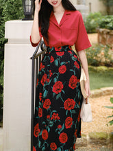 Load image into Gallery viewer, 2PS Red Casual Shirt and High Waist Rose Print Skirt Outfit