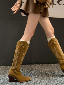 Women's Boots Pointed Toe Chunky Heel Bohemian Embroidery Suede Knee High Boots