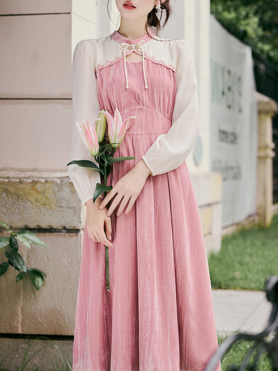 White Tulle Long Sleeve Pink Velvet Vintage Dress, Pink / S White Tulle Long Sleeve Pink Velvet Vintage Dress, Pink / S