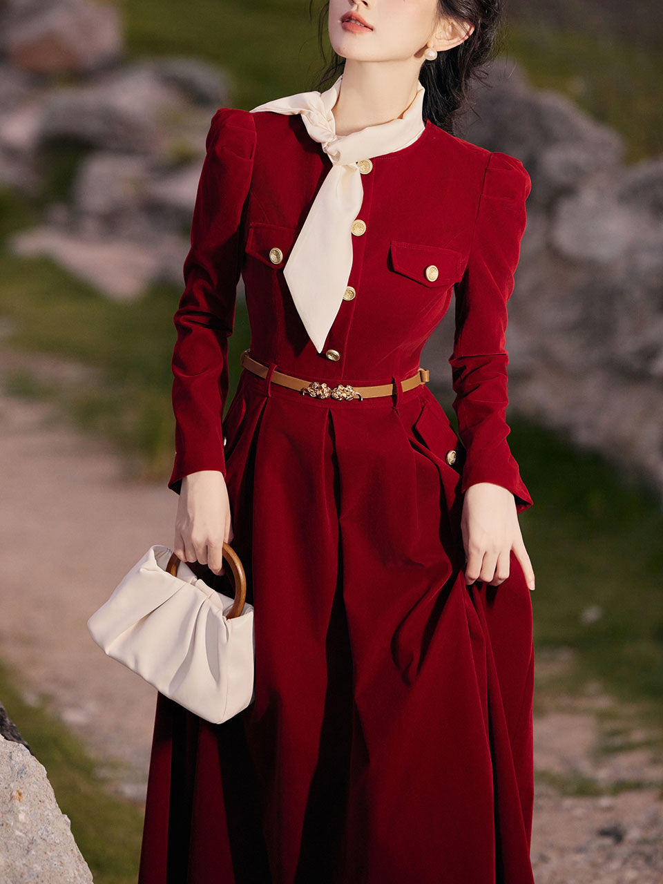 Red Velvet Vintage Dress With Gold Buttons Red / S Red Velvet Vintage Dress With Gold Buttons Red / S