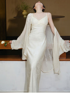 White Jacquard Acetate Sling Fishtail Wedding Maxi Dress and White Cardigan