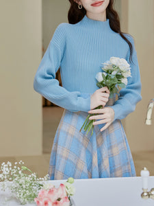 2PS Blue Sweater And Plaid Swing Skirt 1950S Vintage Audrey Hepburn's Style Outfits