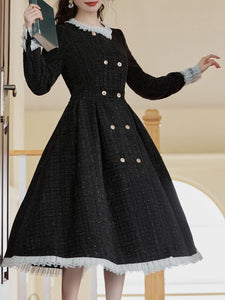Black Crew Neck Tweed 1950s Swing Dress Coat With White Lace Ruffles