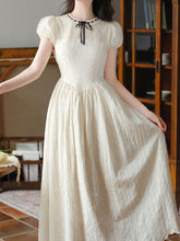 Load image into Gallery viewer, White Embroidered Bow Ribbon Crew Neck Puff Sleeve Princess Dress