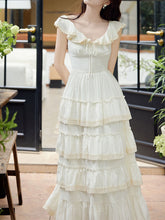 Load image into Gallery viewer, White Ruffles V Neck Layered Lace Maxi Vintage Dress