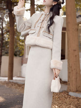 Load image into Gallery viewer, 2PS Apricot Warm Thickened Top and Skirt Suit With Fake Fur Hem