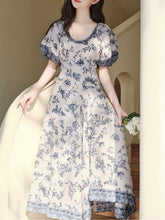 Load image into Gallery viewer, Blue Vintage Pattern Puff Sleeve Victoria Edwardian Dress