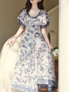 Blue Vintage Pattern Puff Sleeve Victoria Edwardian Dress