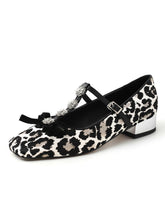 Load image into Gallery viewer, Women&#39;s Flat Heel Leopard Square Toe T-strap Rhinestone Vintage Shoes