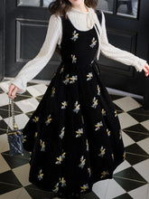 Load image into Gallery viewer, Two-Piece Set White Brushed-Lace Sweater and Black Floral Embroidered Velvet Dress