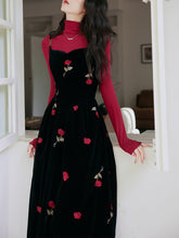 Load image into Gallery viewer, 2PS Red Top And Black Strap Rose Embroidered Velvet 1950S Dress Set