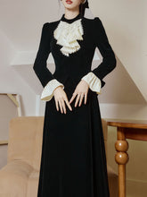 Load image into Gallery viewer, 2PS White Lace Jabot Collar Top and Swing Skirt Vintage Black Dress 1950s Suits