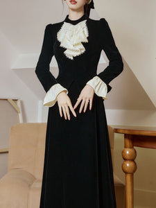 2PS White Lace Jabot Collar Top and Swing Skirt Vintage Black Dress 1950s Suits