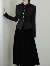 Load image into Gallery viewer, Black Bowknot Collar Gold Buttons Winter Coat and Black Skirt Vintage Set