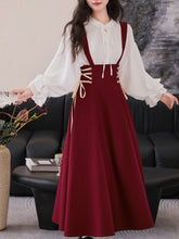 Load image into Gallery viewer, 2PS White Long Sleeve Blouse And Red Supender Skirt Dress Set
