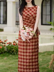 Brick Red Plaid 1950S Vintage Bodycon Dress