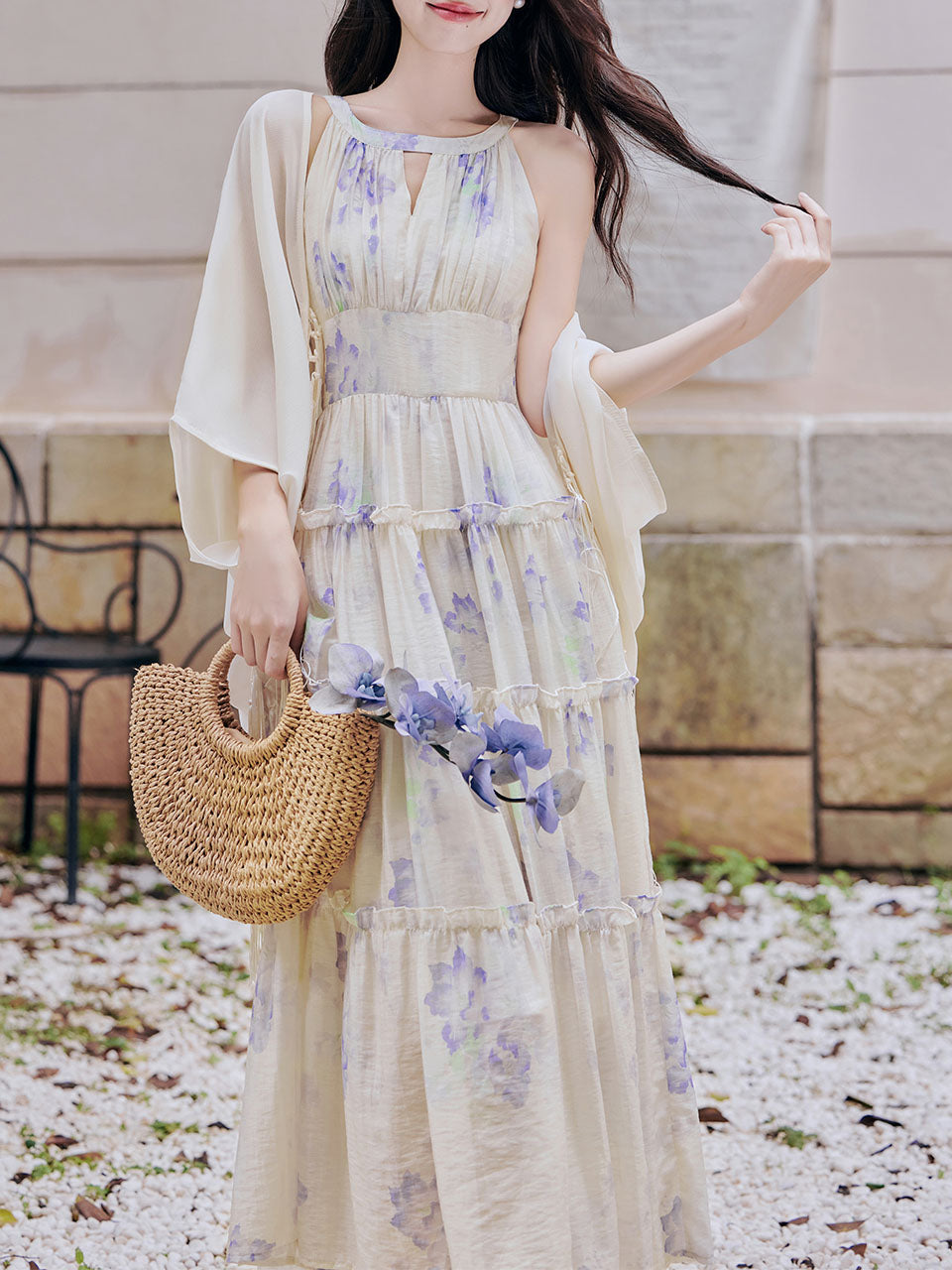 Purple Round Neck Ruffle Vintage Maxi Dress with White Chiffon Cardiga   Jolly Vintage