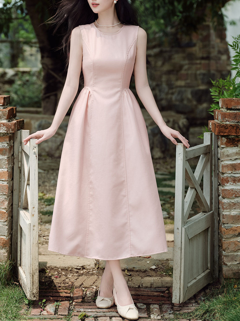 Pink Crew Neck Audrey Hepburn Inspired Vintage Dress, Pink / S Pink Crew Neck Audrey Hepburn Inspired Vintage Dress, Pink / S