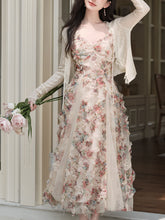 Load image into Gallery viewer, 2PS Pink Spaghetti Strap Floral Mesh Ruffles Fairycore Dress With Cardigan Suit