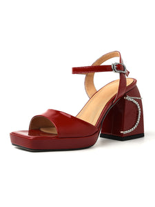 Women's  Square Toe Bow Chunky Heel Sandals Leather Vintage Shoes